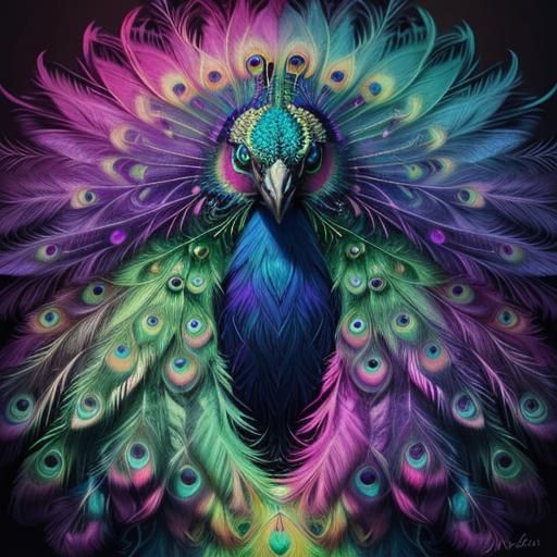 Surreal Portrait: Woman with Rainbow Skin and Peacock Feathe...