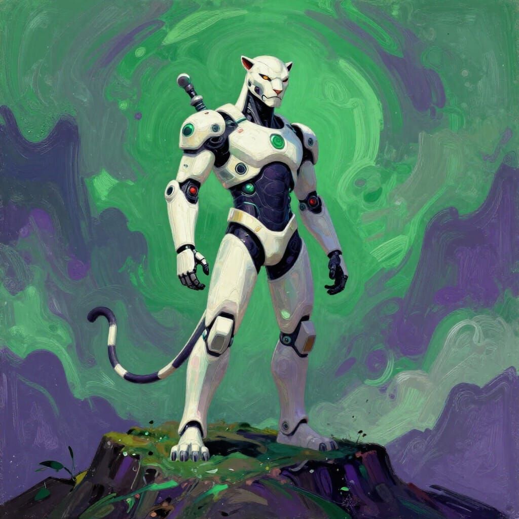Panther in Cyberpunk Suit on Mountain Peak in Expressionist ...