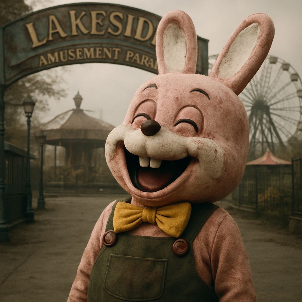 A laughing Robbie the Rabbit from Silent Hill,