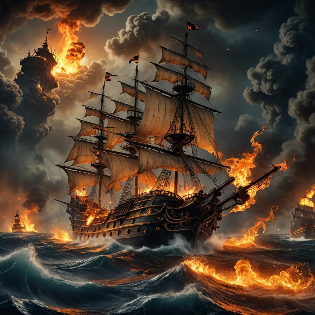 Pirate Ship Sinking in Flames: Digital Matte Painting
