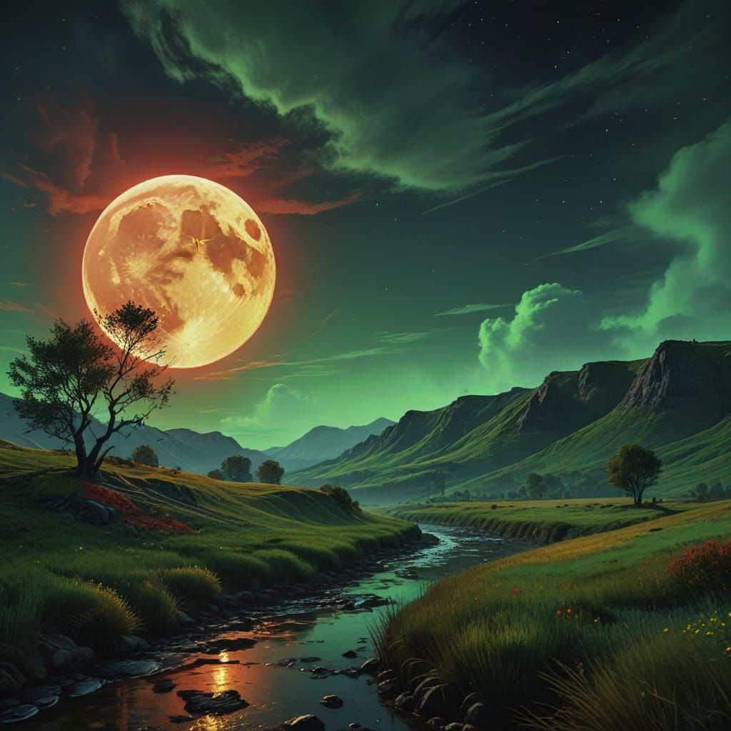 Vibrant Landscape with Red Moon: Oil Painting