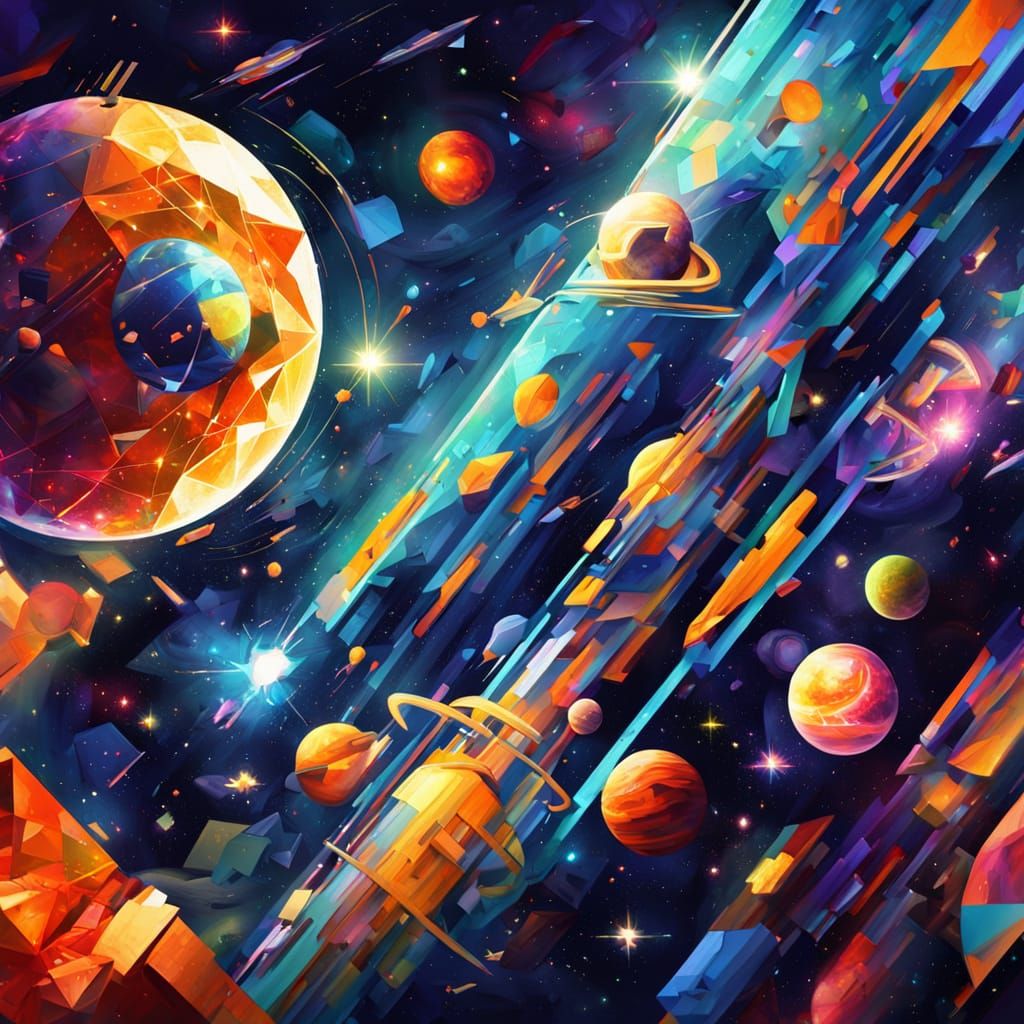 Cubist Sci-Fi: Space Explorers in Geometric Galaxies