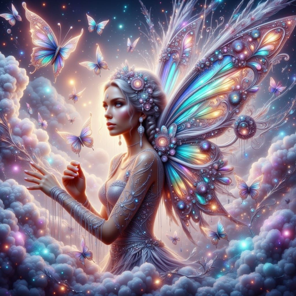 Woman with Stained Glass Wings Soars Through Clouds