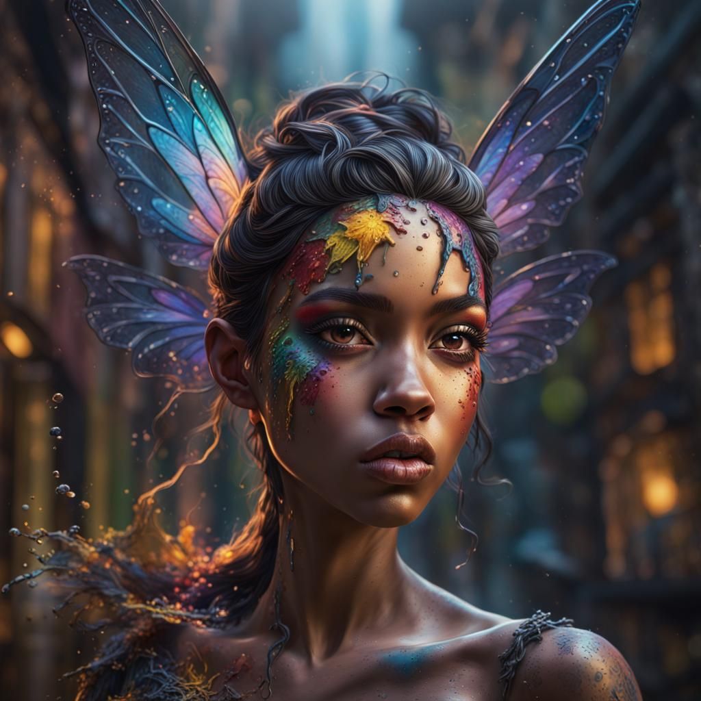 Dramatic Black Fairy in Splash Art Style