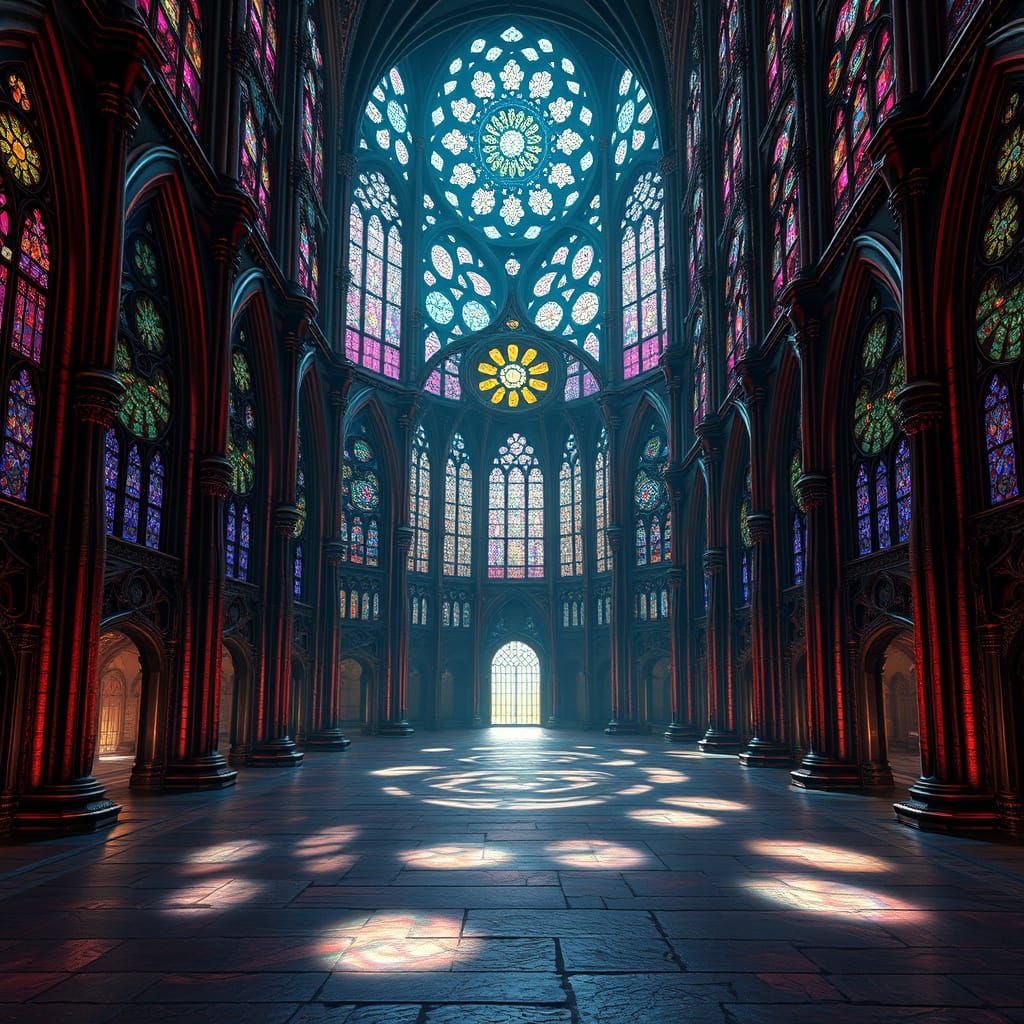 Gothic Cathedral with Kaleidoscopic Stained Glass in Dark Fa...