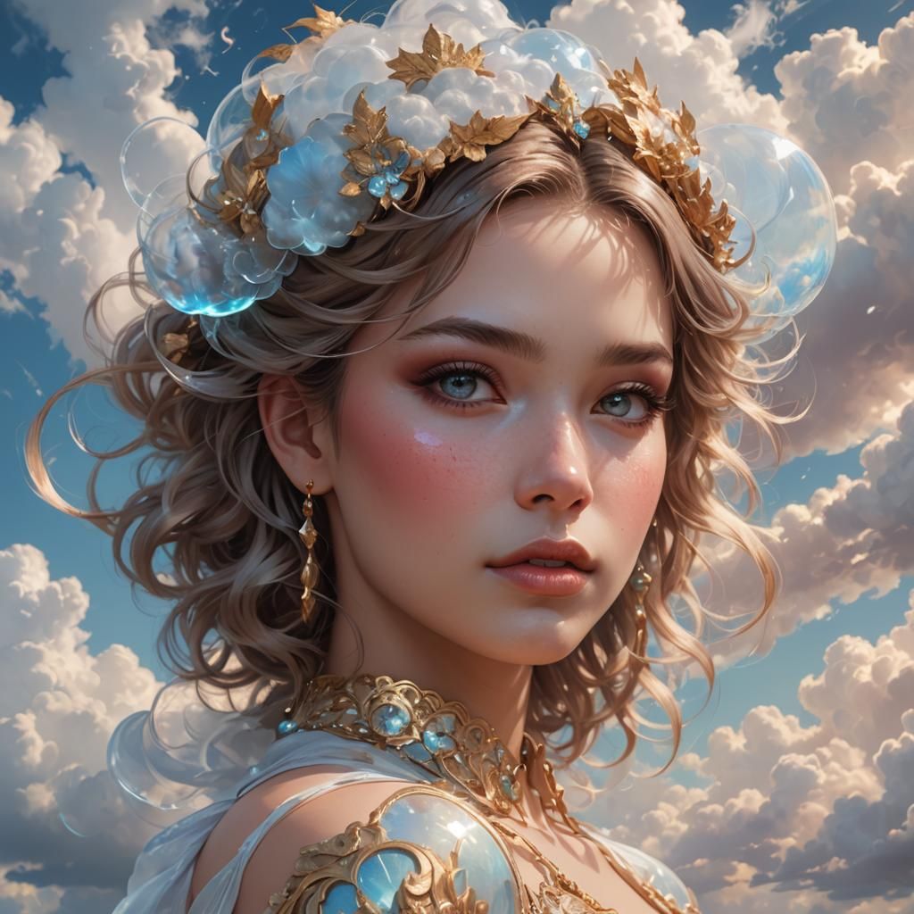 Luminous Woman in Sparkling Cloudscape: Fantasy Portrait