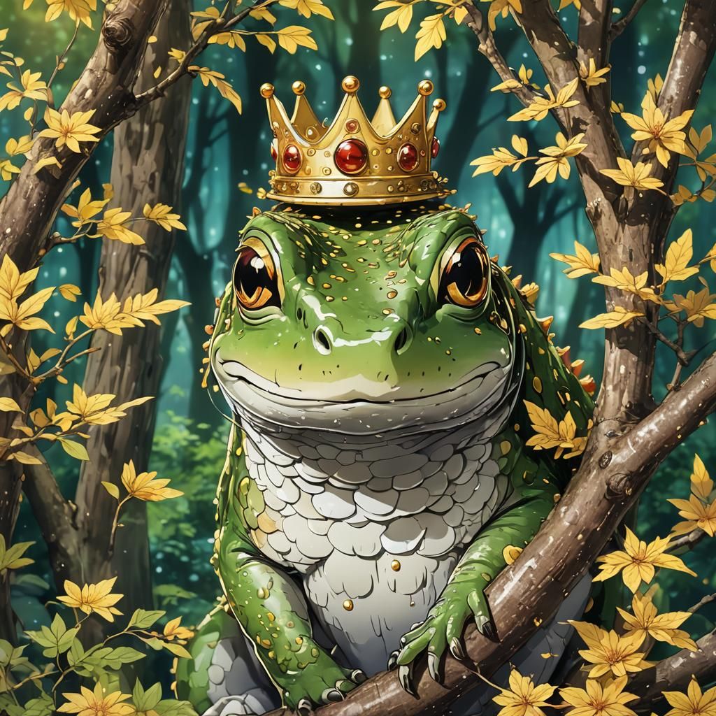Crowned Frog on Log in Japanese Anime Style