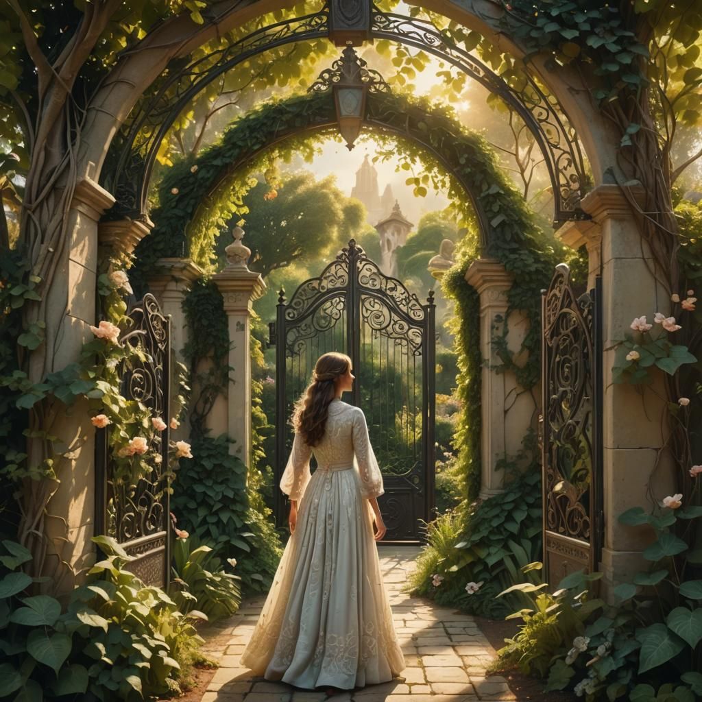 Surreal Serene Garden Gate in Dreamlike Style