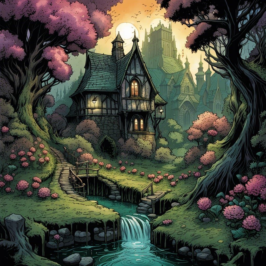 Gothic Moss Town in Lush Dark Fantasy Forest