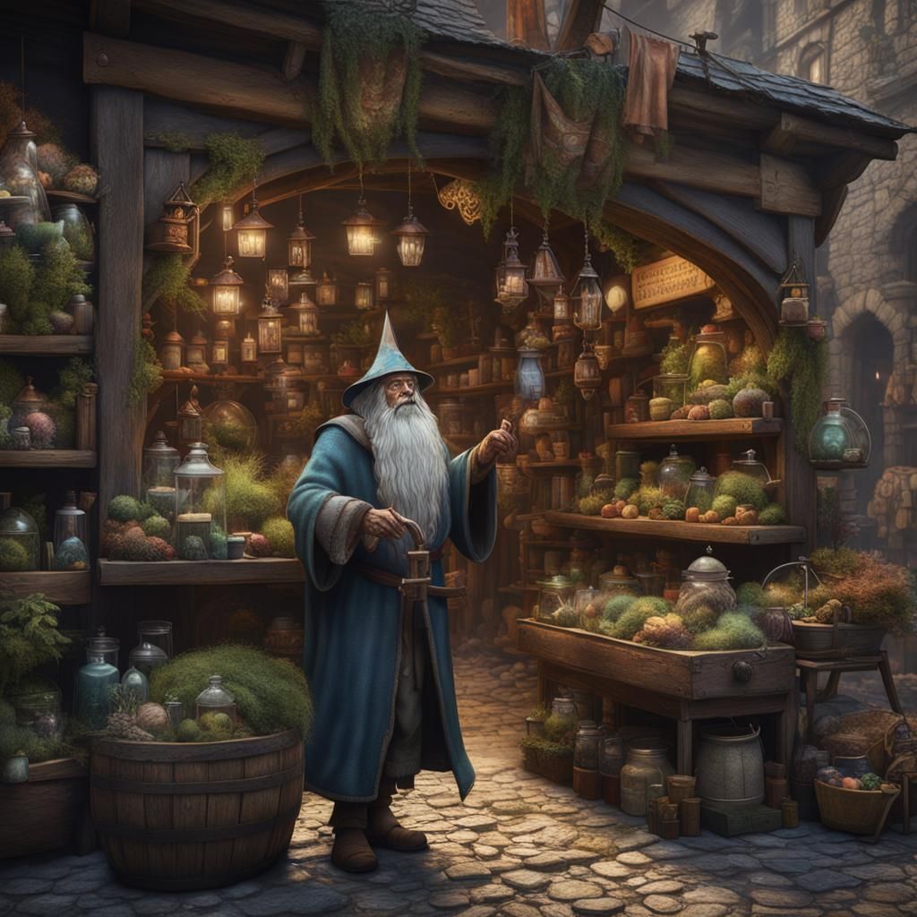 Grizzled Wizard at Medieval Market: Fantasy Concept Art
