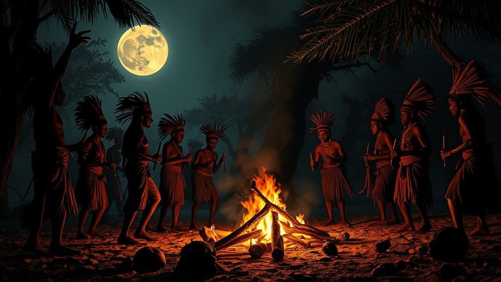 Mysterious Voodoo Ceremony in Moonlit African Clearing