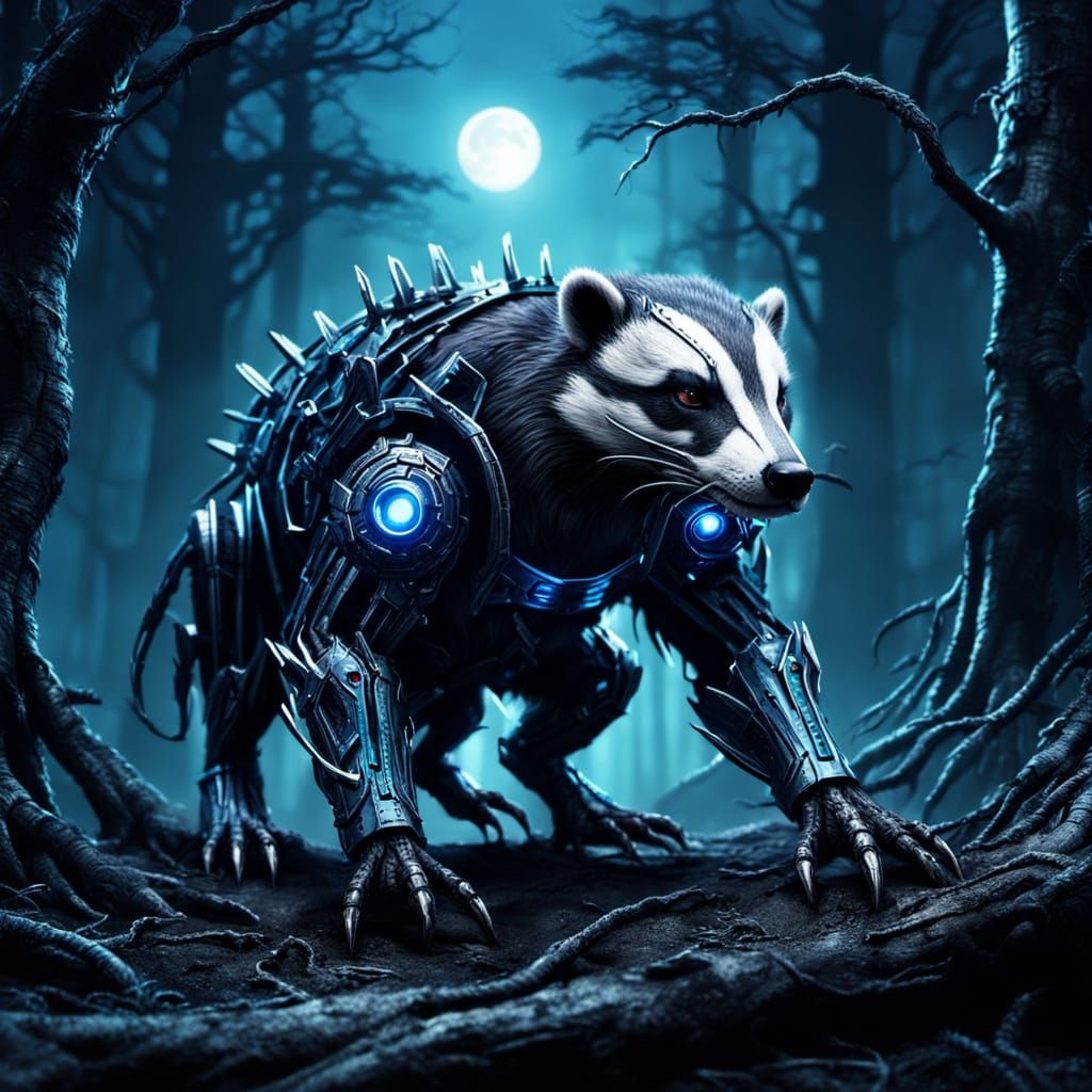 Cybernetic Badger in Gothic Forest, Cyberpunk Style