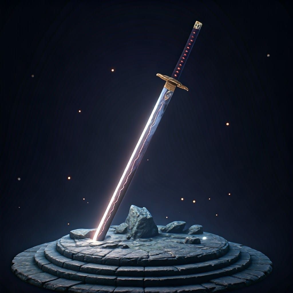 Giant Katana Longsword on Stone Pedestal in 3D Anime