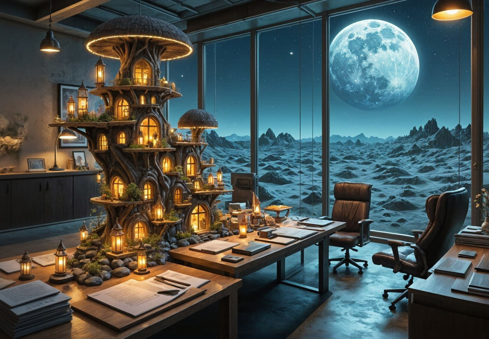 Tiny Fairy Village on Office Desk with Moon View