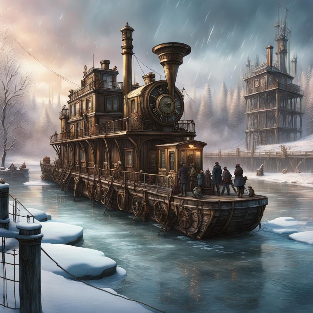 Steampunk Dock on Frozen River in Watercolor
