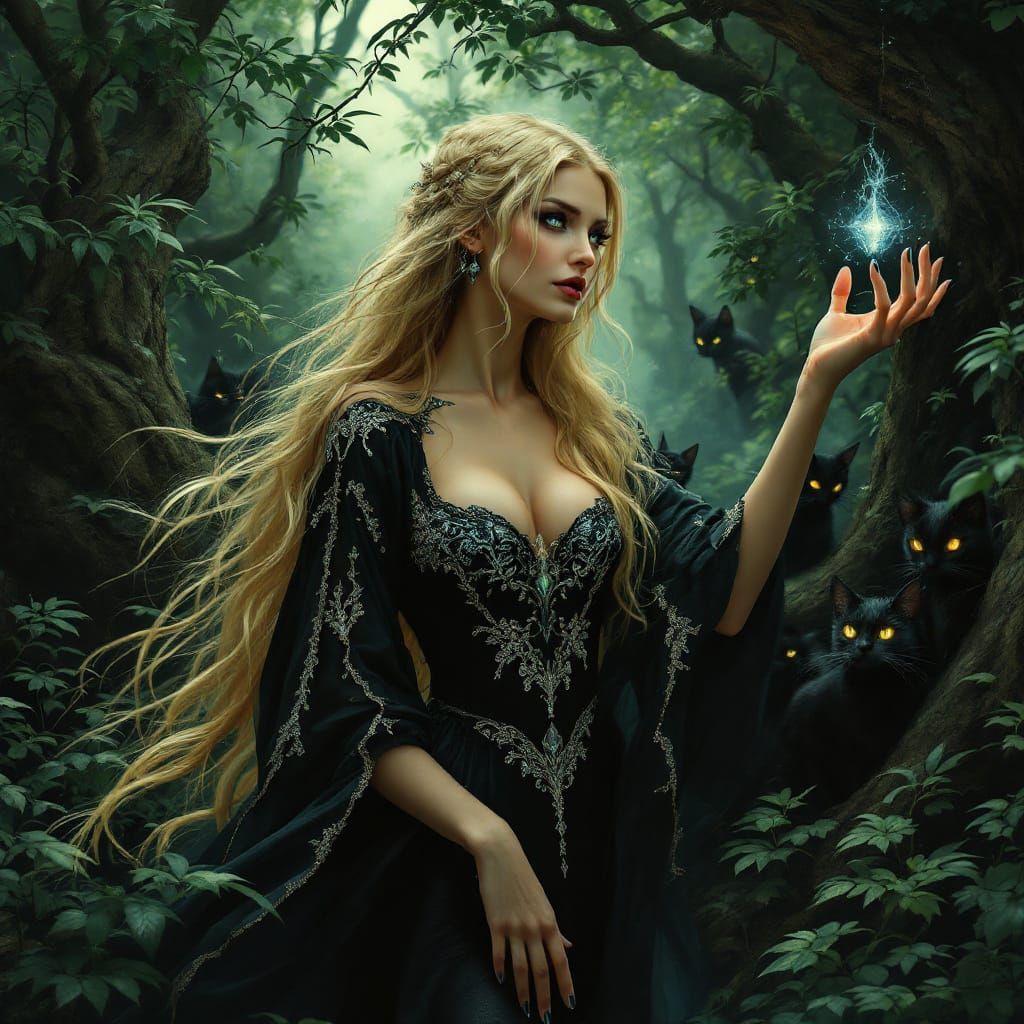 Blonde Sorceress Summons Cats in Emerald Forest