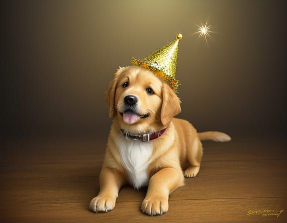 Golden Retriever Puppy in Party Hat, Oil Painting
