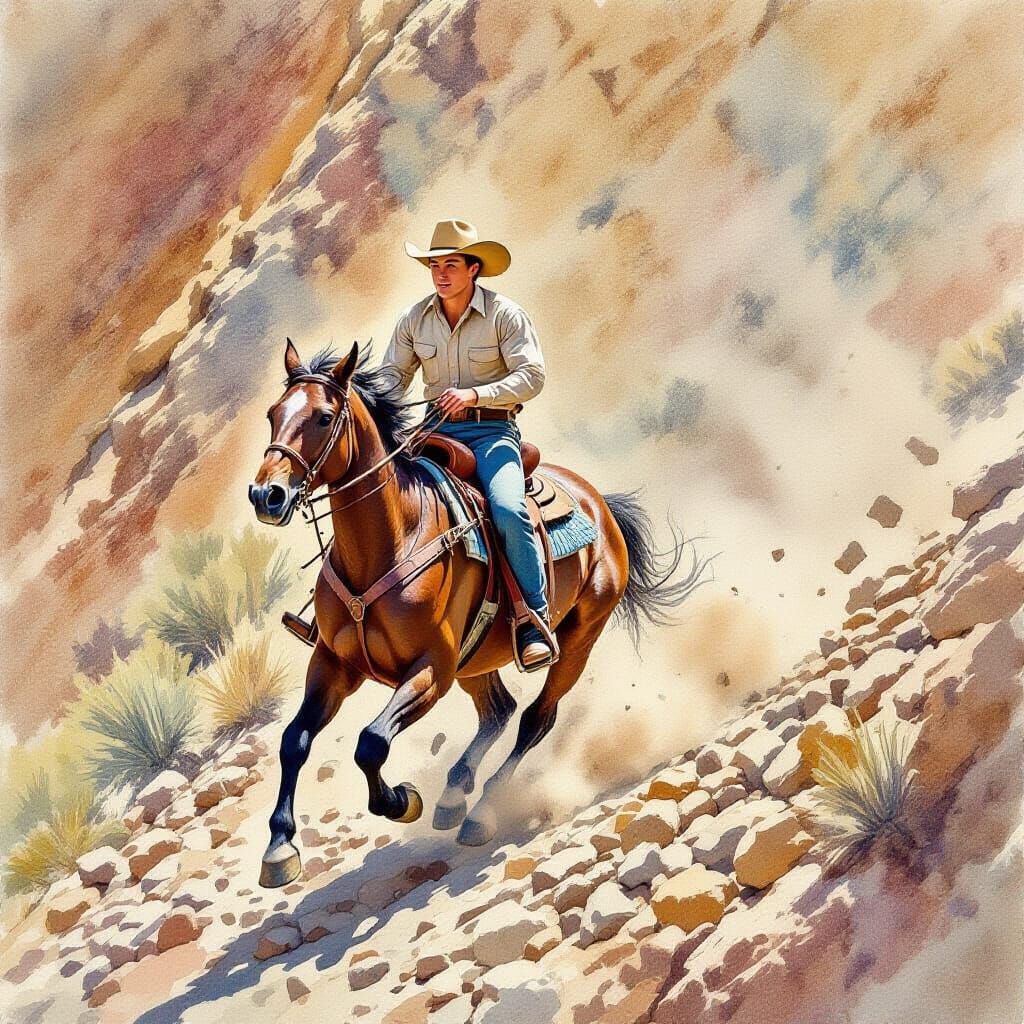 Australian Stockman Galloping Down Mountain, Watercolor Port...