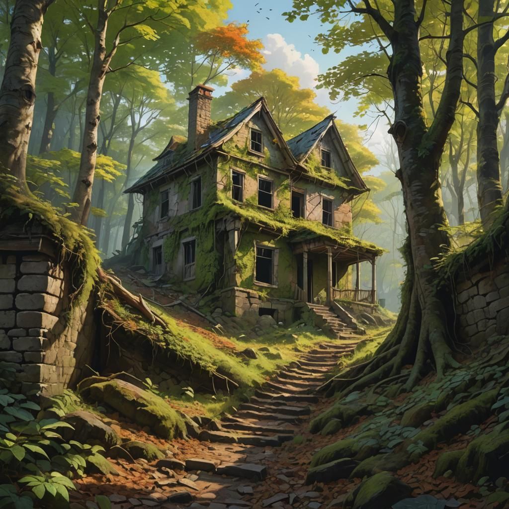 Mysterious Forest Path with Ruined House