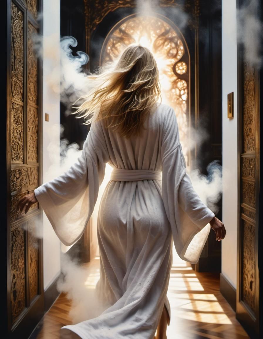 Radiant Woman Walking into Light: Watercolor Maximalism