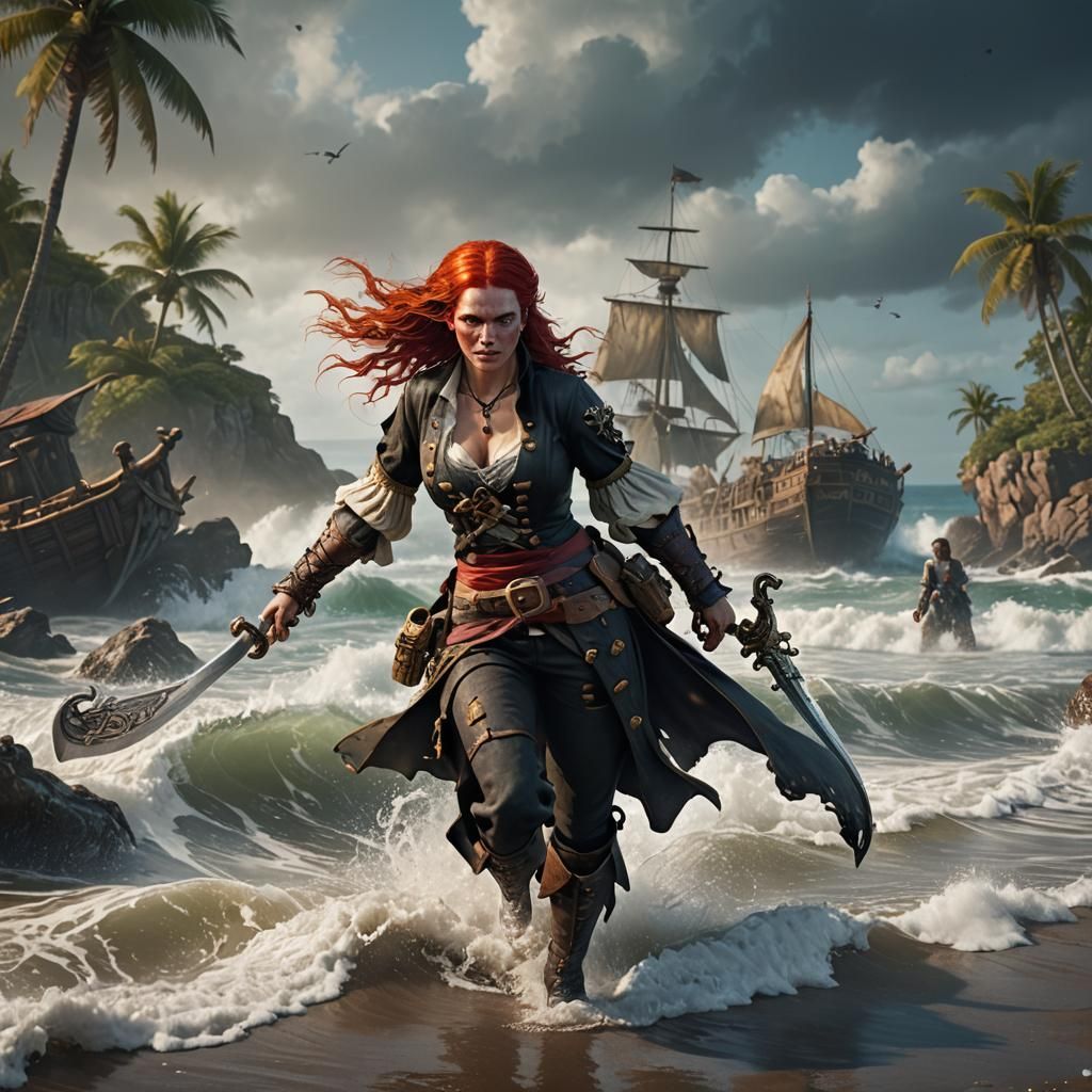 Redhead Pirate Emerges from Surf: Detailed Fantasy Art