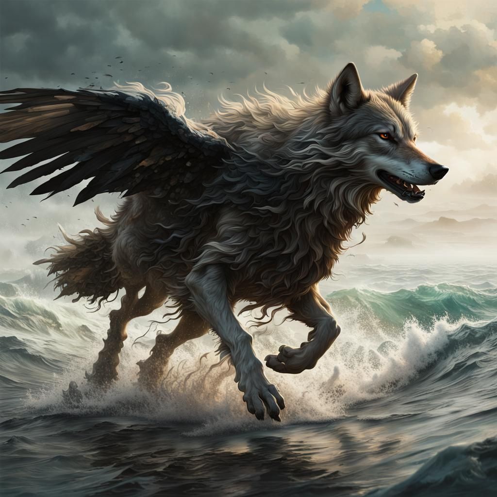 Wolf Angel Running Across Polluted Ocean