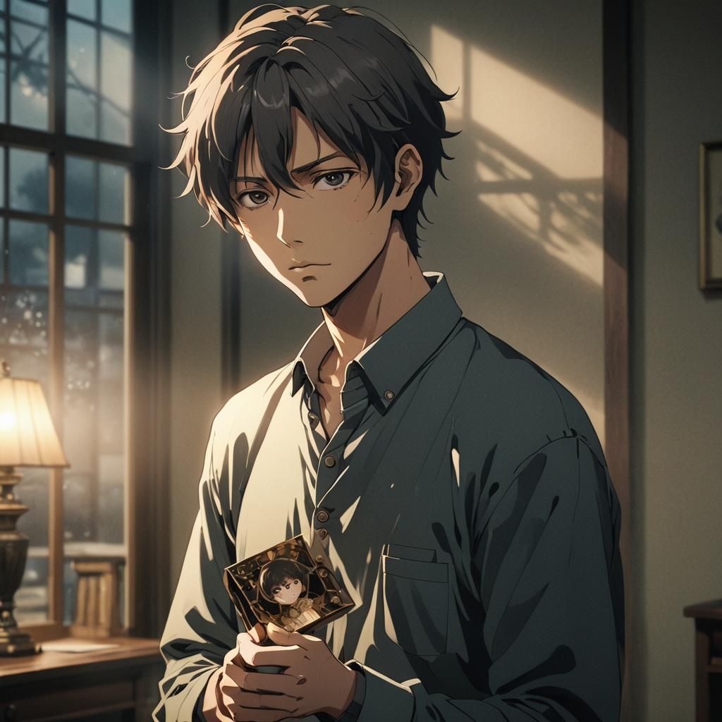 Sorrowful Anime Man in Dimly Lit Room