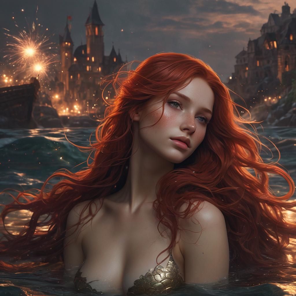 Medieval Mermaid Watching Fireworks: Hyperdetailed Portrait