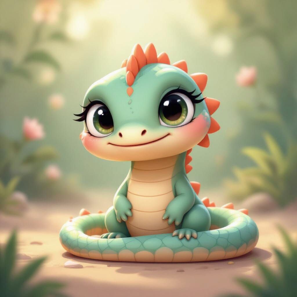 Cute Baby Lizard with Snake Body in 3D Cartoon Style