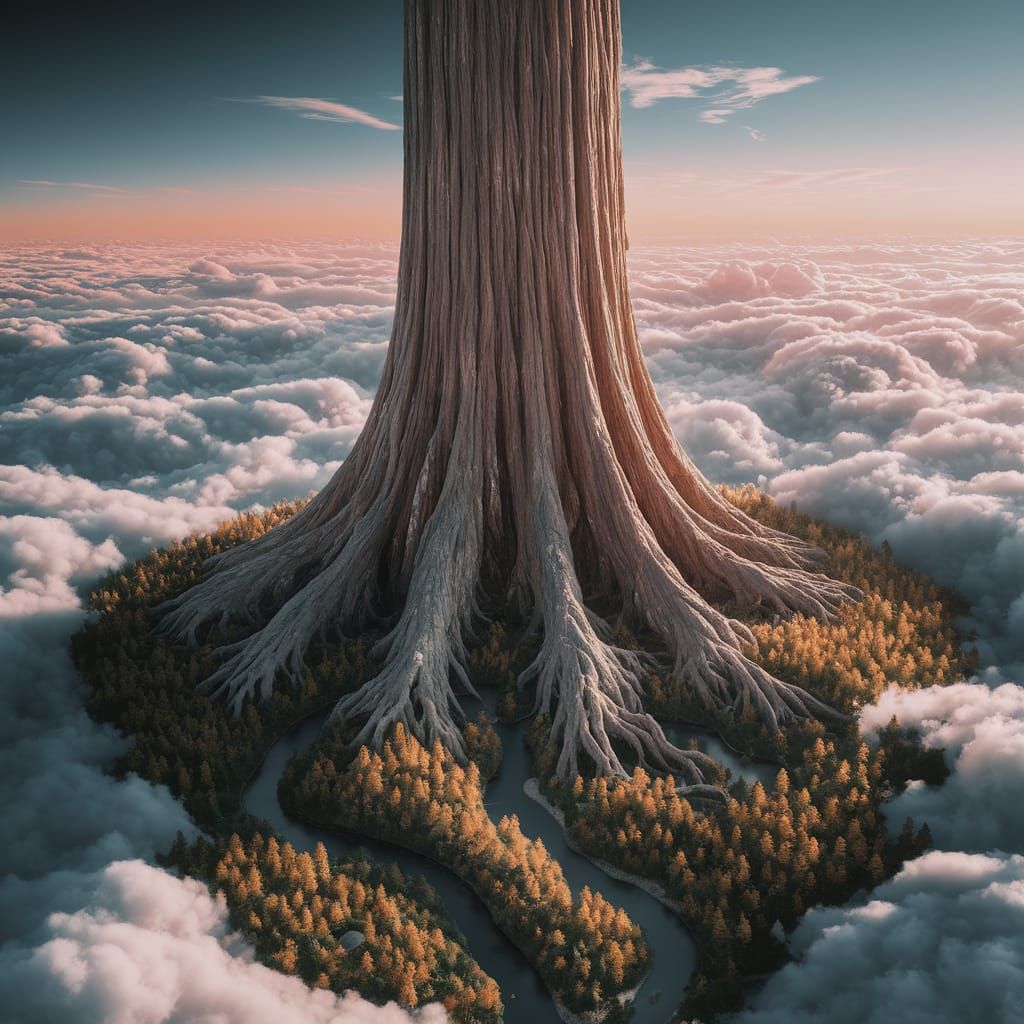 Giant Tree Above Clouds: Surreal Sci-Fi Aerial View