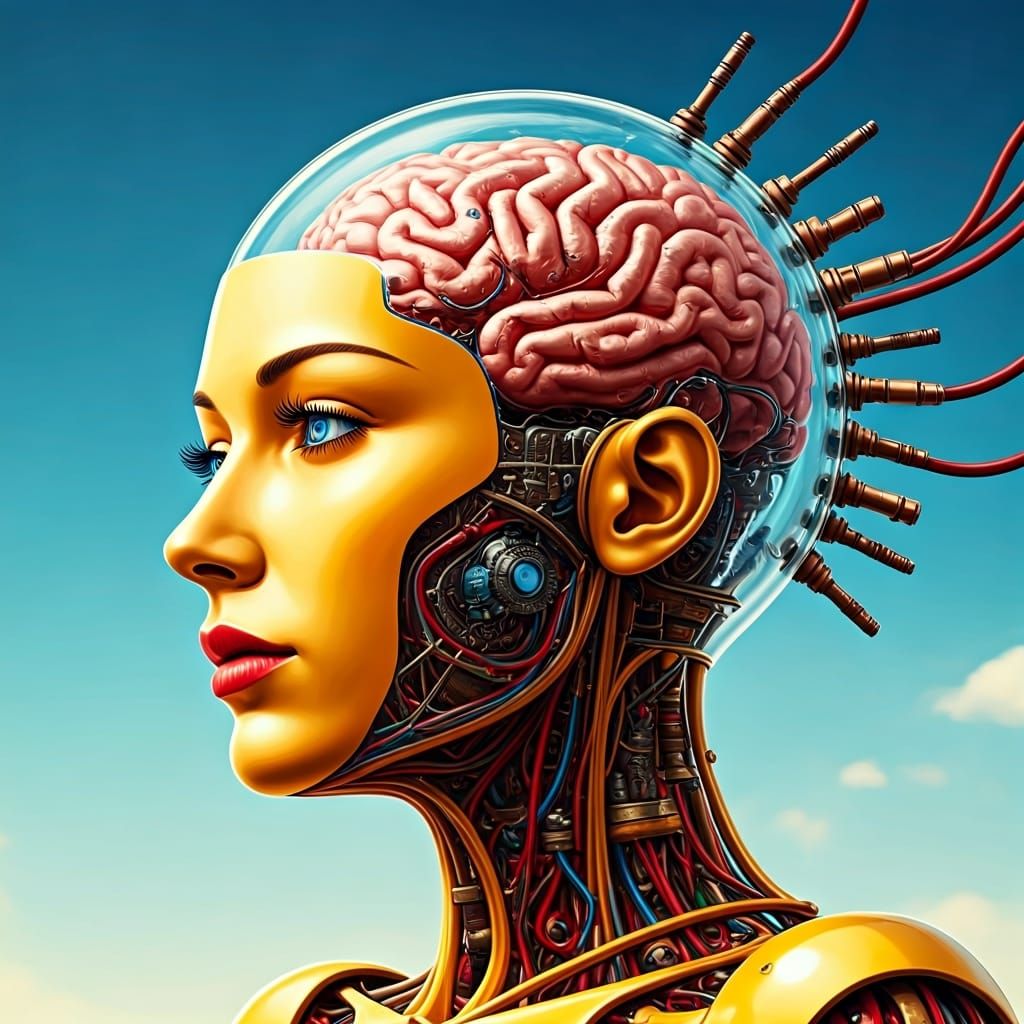 Glass Robot Woman with Copper Hair in Digital Art