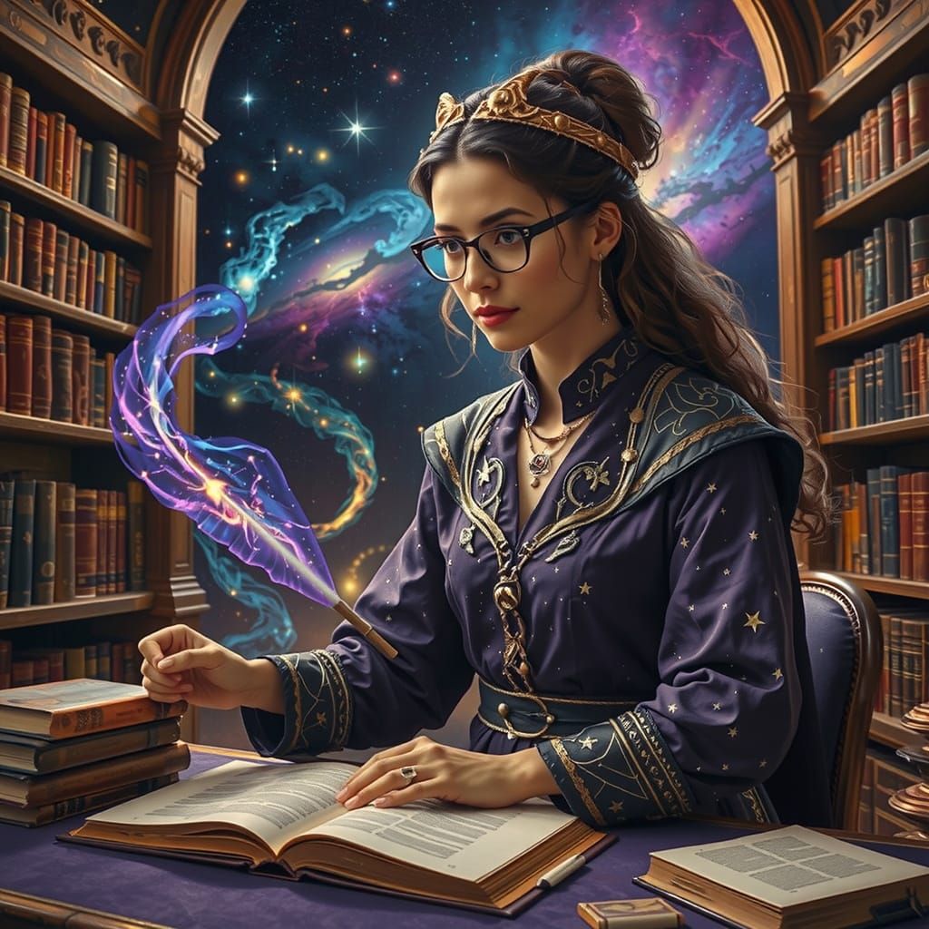 Imagine a closeup of a female celestial librarian, a being of pure starlight and cosmic energy, seated at an ancient, or...