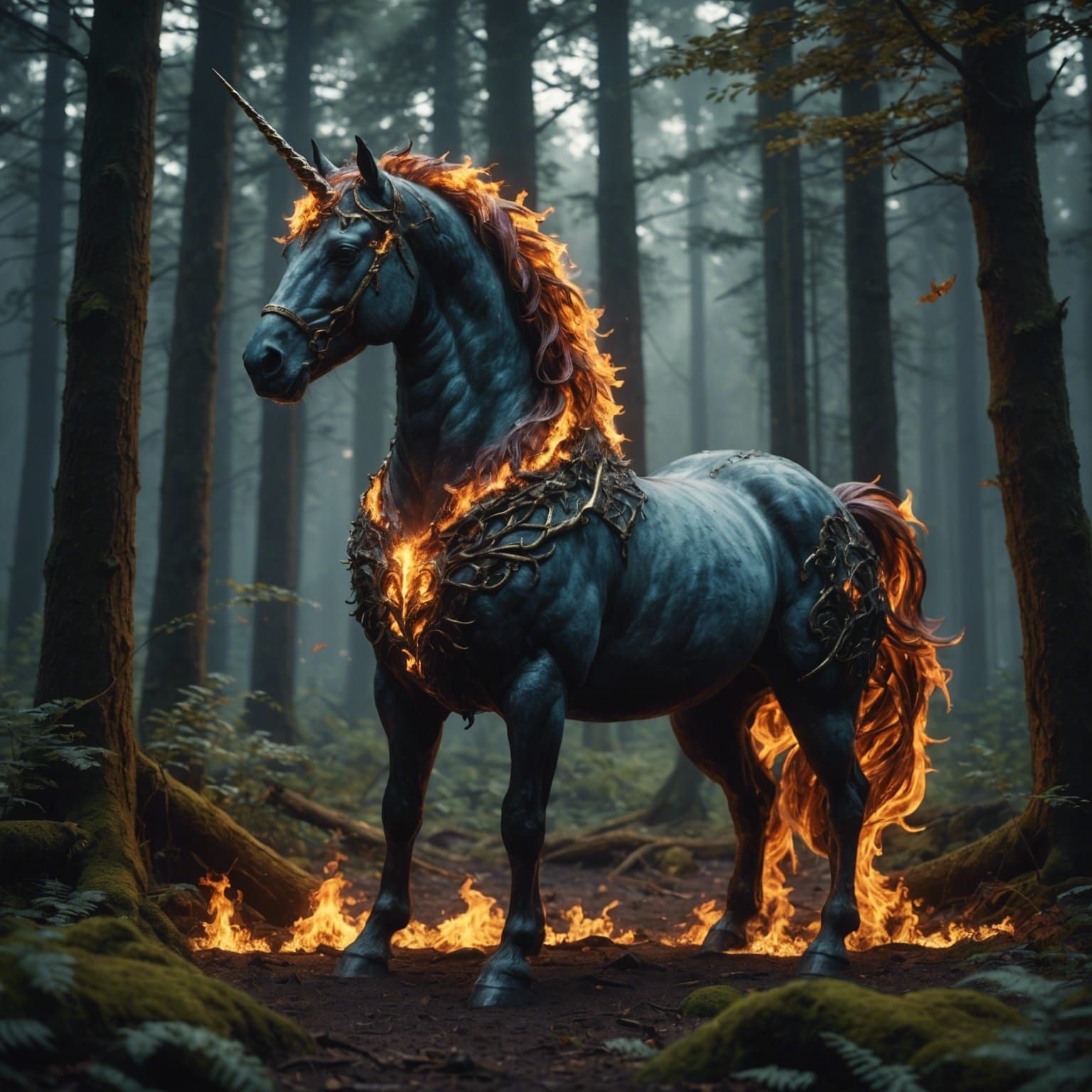 Majestic Fire Unicorn Horse in Dark Forest