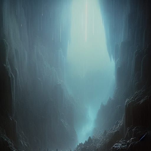 Misty Purple Mountains in Dark Cavern