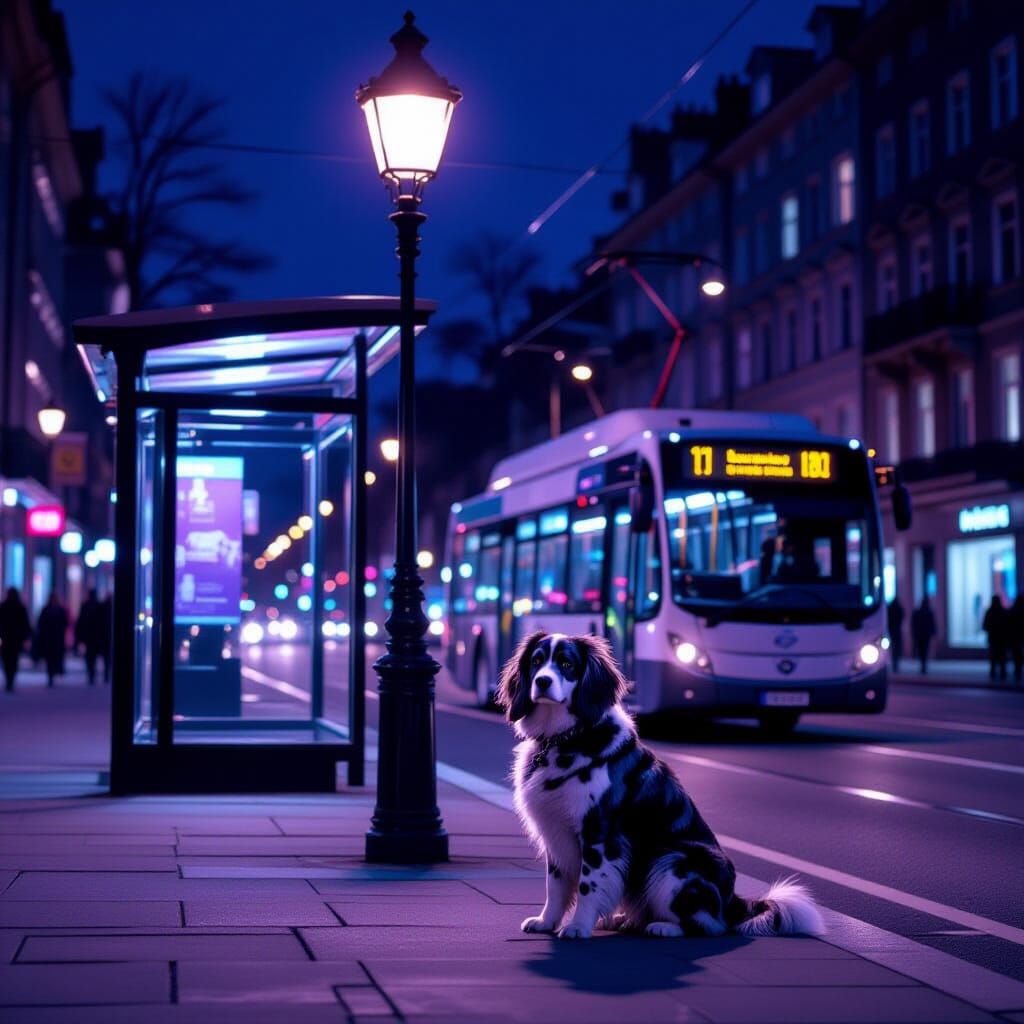 Grey Spaniel at Trolleybus Stop in Lilac & Silver Night