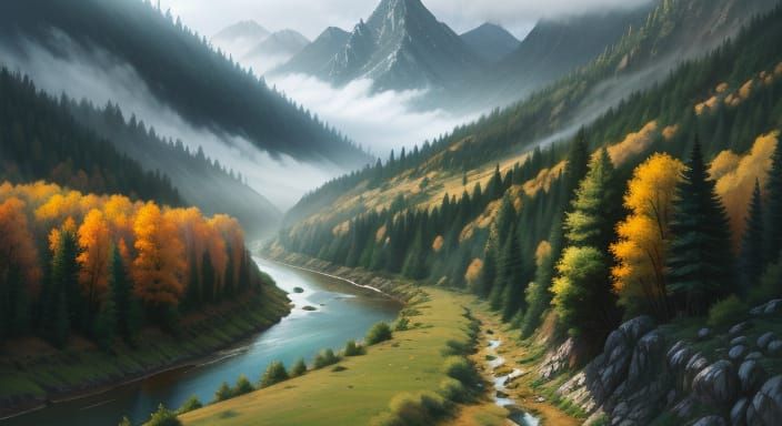 Serene Mountain Valley with River and Mist