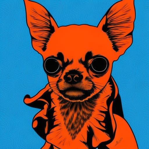 Angry Chihuahua in Ruffled Coat: Blue and Orange Art