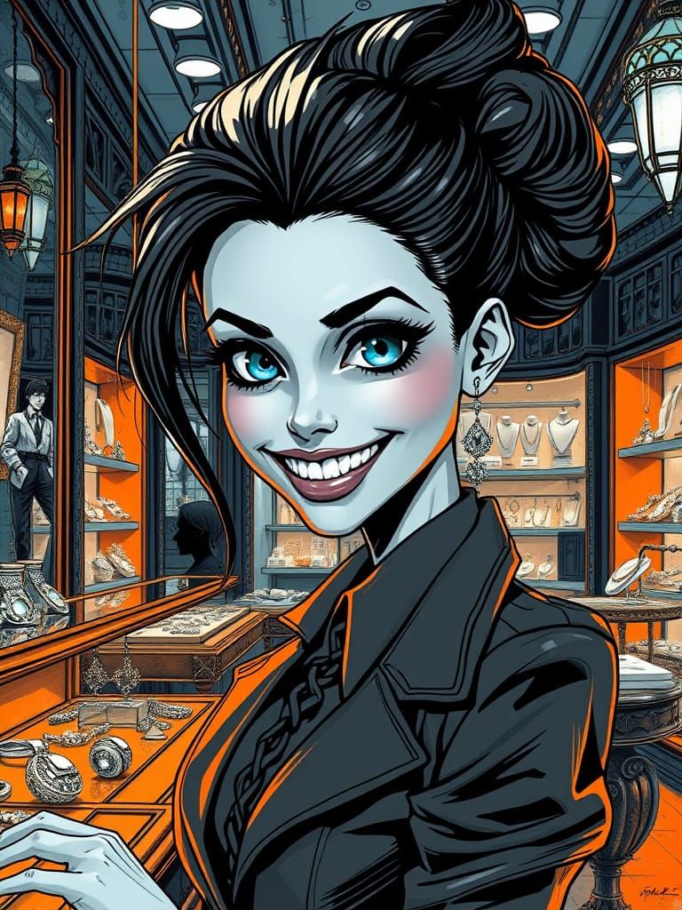 Gothic Businesswoman Shops for Jewelry in a Luxury Store