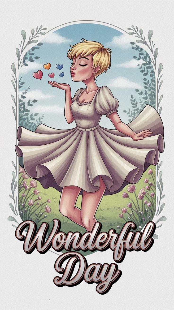 Whimsical Cartoon Girl in Garden Wonderland