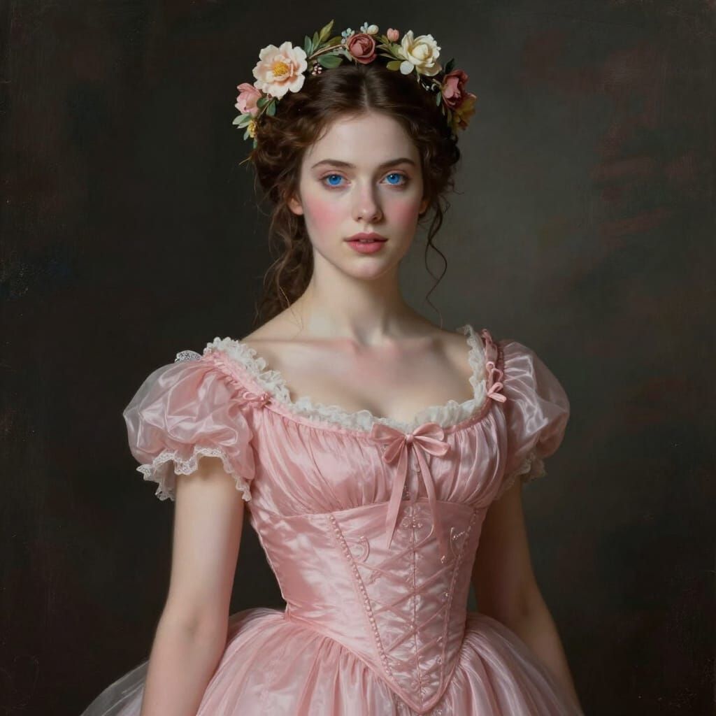 Goddess-like Woman in Pink Gown with Flower Halo