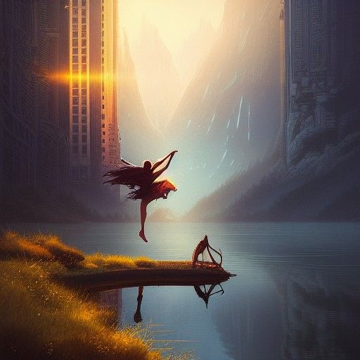 Goddess Floats Above City Lake in Matte Painting