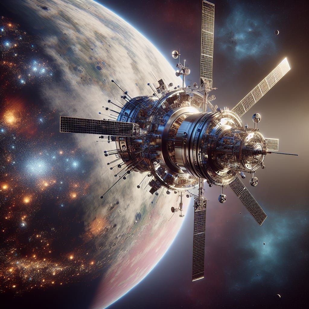 Futuristic Space Probe Orbiting Uncharted Planet