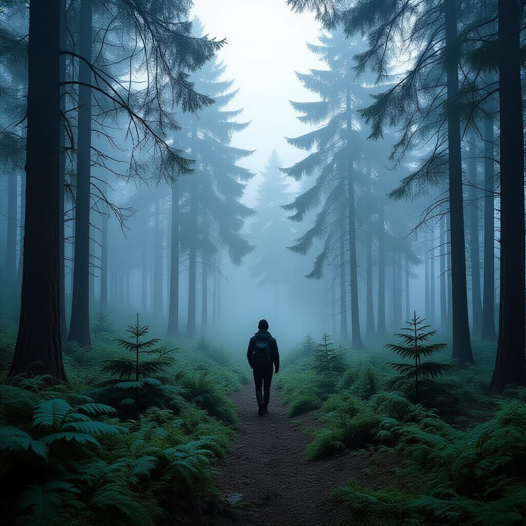 Enchanted Misty Pine Forest with Glowing Fog