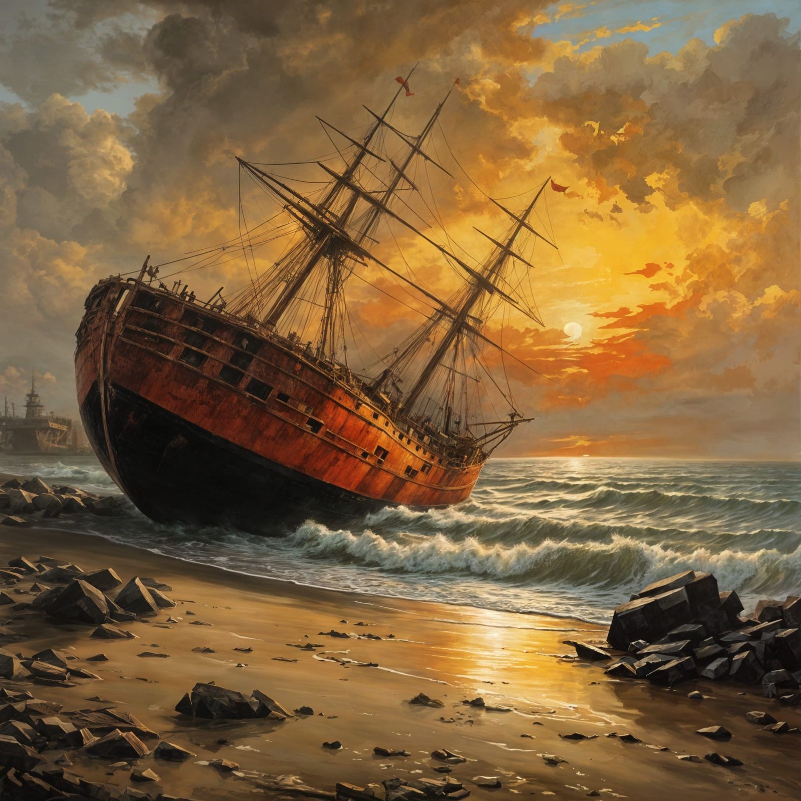 Hyperrealistic Sunset Shipwreck on Desolate Beach