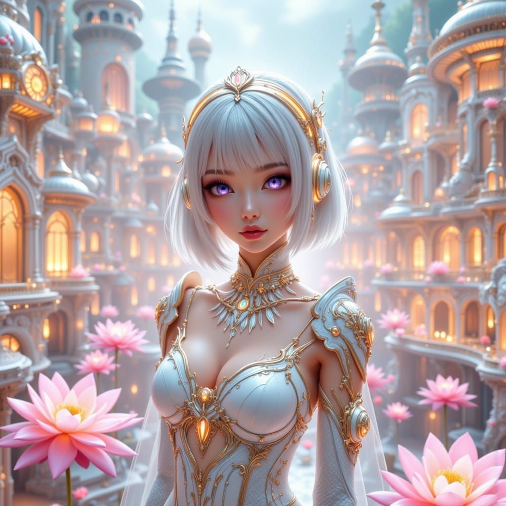 Anime Woman in Glowing Armor with Steampunk Accents