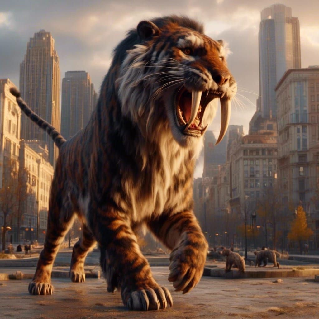 Black Smilodon Roaring in City at Golden Hour