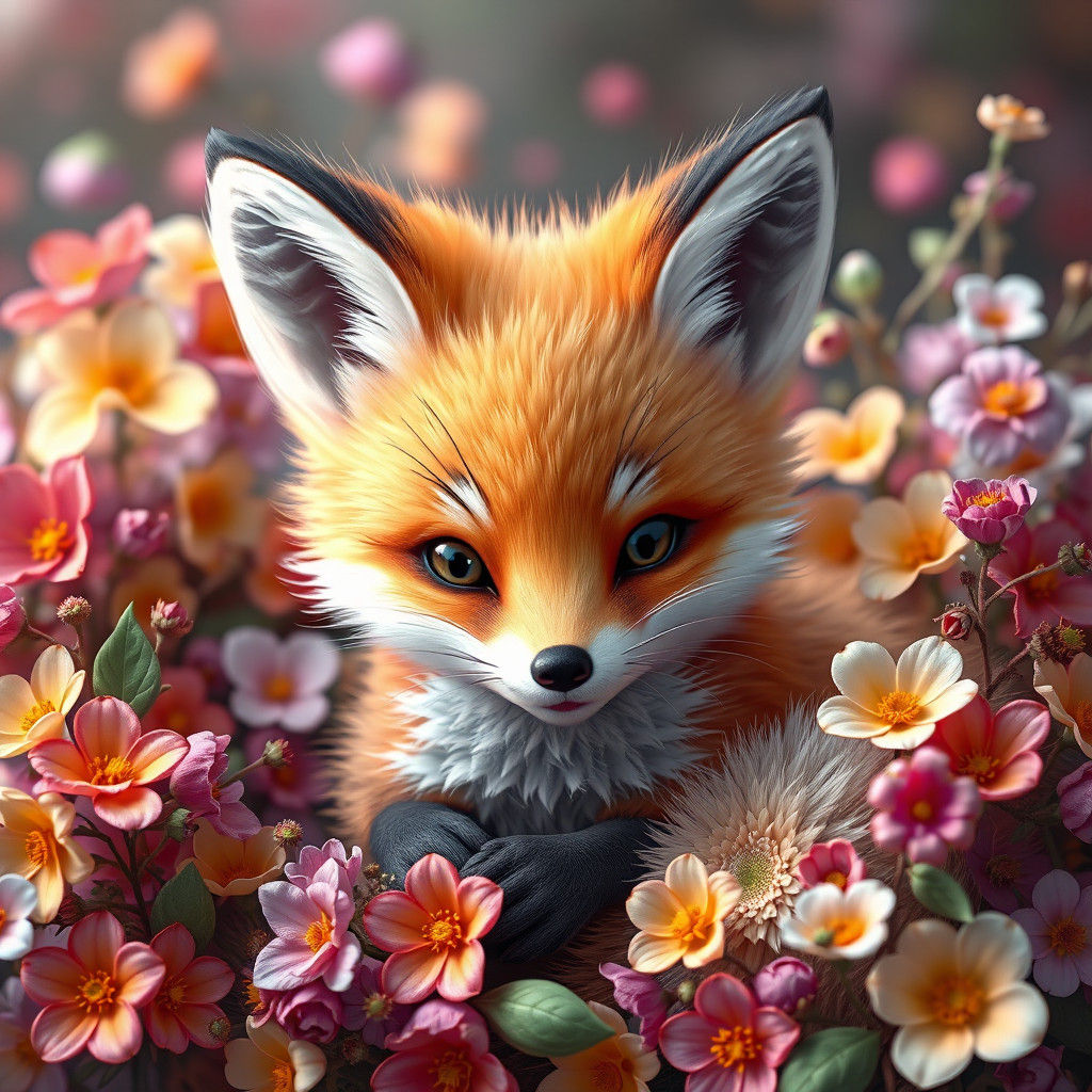 Adorable Baby Fox with Flowers in 3D Anime Style