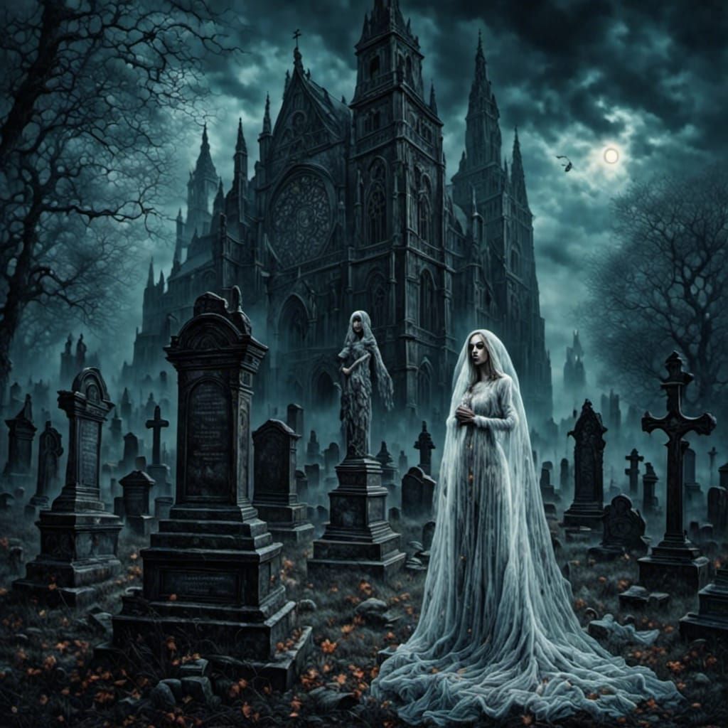 Ghostly Bride Haunts Moonlit Cemetery