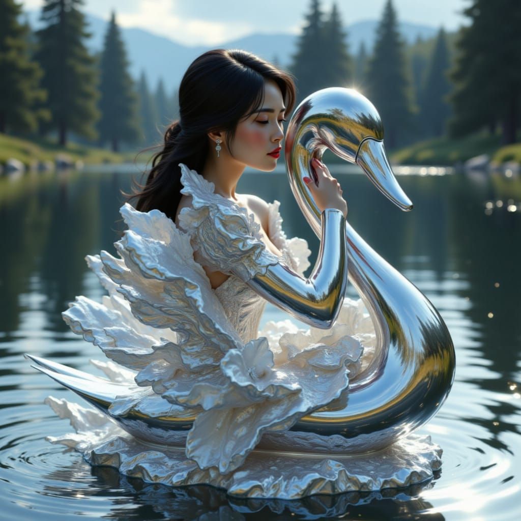 Metallic Asian Maiden Hugs Platinum Swan on Reflective Lake