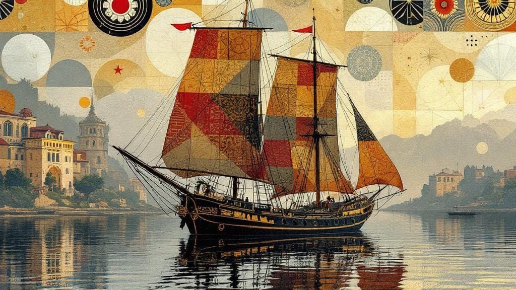 Sailing Ship in Geometric Klimt-Inspired Style